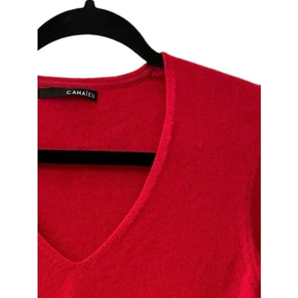 Camaieu Valentine's Cherry Red Vneck Cashmere Sweater Sm Classic Chic Minimal - Picture 6 of 9